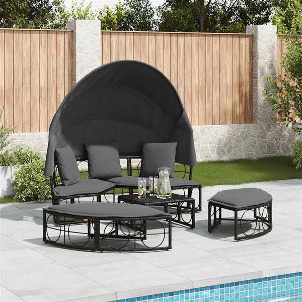 Grote foto vidaxl loungebed met luifel en kussens poly rattan zwart tuin en terras tuinmeubelen