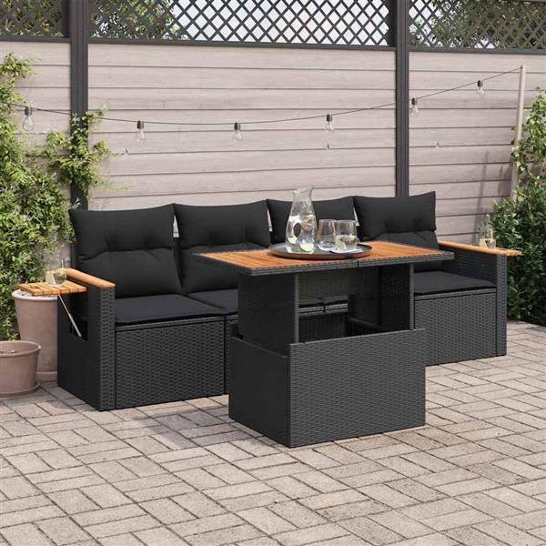 Grote foto vidaxl 5 delige loungeset met kussens poly rattan acacia zwart tuin en terras tuinmeubelen