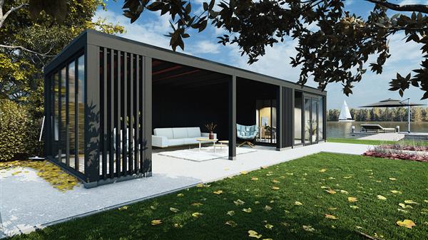 Grote foto maatwerk strakke modern houten bijgebouwen tuin en terras tuinhuisjes en blokhutten