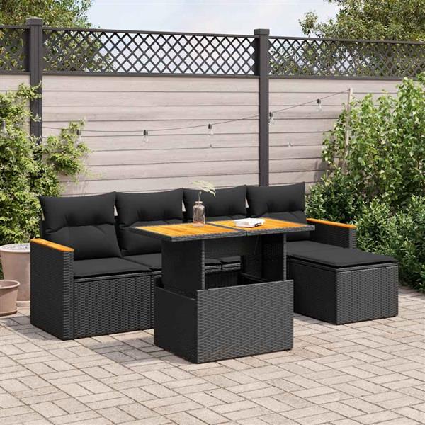 Grote foto vidaxl 6 delige loungeset met kussens poly rattan acacia zwart tuin en terras tuinmeubelen