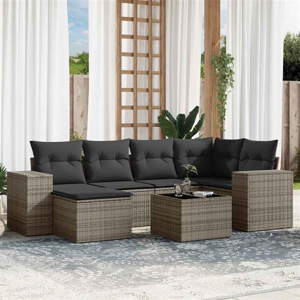 Grote foto vidaxl 7 delige loungeset met kussens poly rattan grijs tuin en terras tuinmeubelen