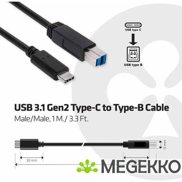 Grote foto club3d usb 3.1 gen2 type c to type b cable male male 1 m. 3.3 ft. computers en software overige computers en software