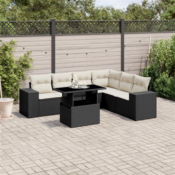 Grote foto vidaxl 7 delige loungeset met kussens poly rattan zwart tuin en terras tuinmeubelen