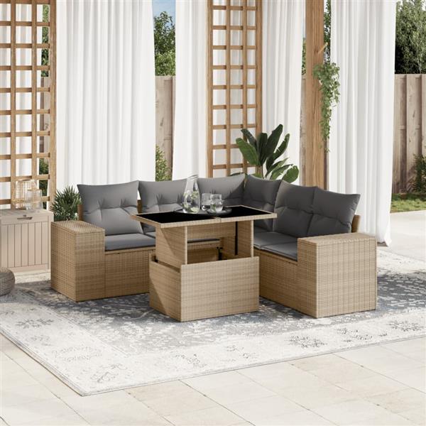 Grote foto vidaxl 6 delige loungeset met kussens poly rattan beige tuin en terras tuinmeubelen