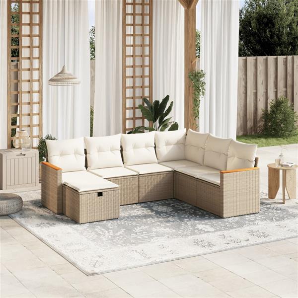Grote foto vidaxl 7 delige loungeset met kussens poly rattan beige tuin en terras tuinmeubelen