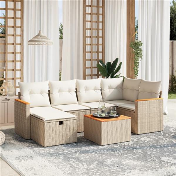 Grote foto vidaxl 7 delige loungeset met kussens poly rattan beige tuin en terras tuinmeubelen