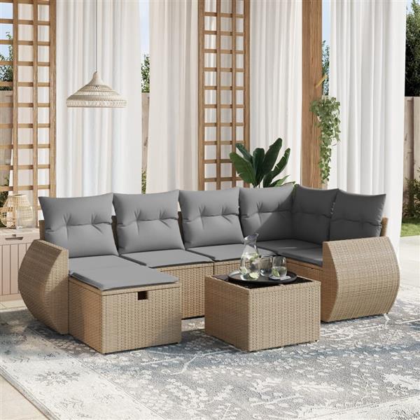 Grote foto vidaxl 7 delige loungeset met kussens poly rattan gemengd beige tuin en terras tuinmeubelen
