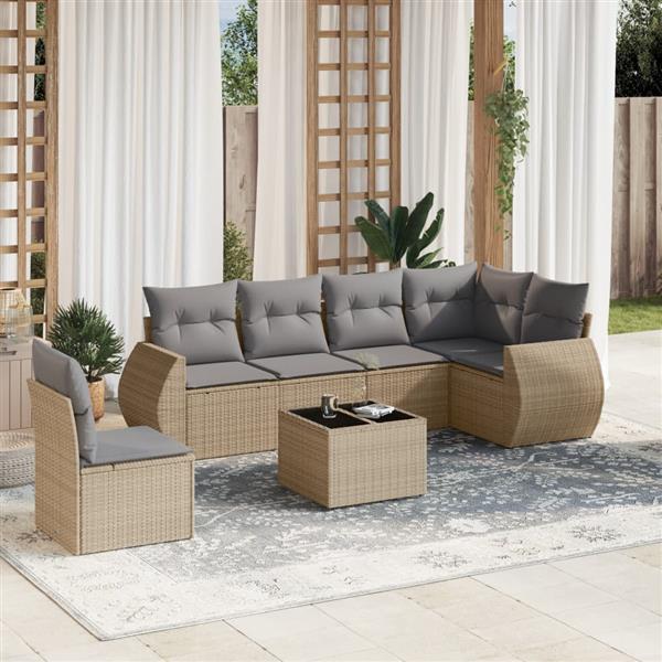 Grote foto vidaxl 7 delige loungeset met kussens poly rattan beige tuin en terras tuinmeubelen