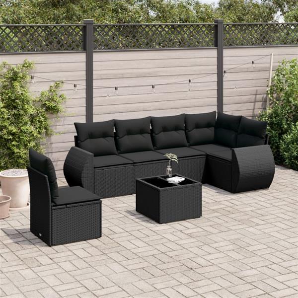 Grote foto vidaxl 7 delige loungeset met kussens poly rattan zwart tuin en terras tuinmeubelen