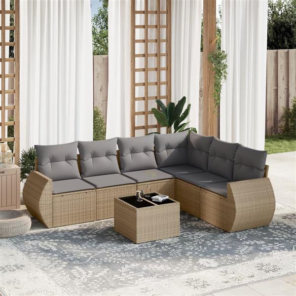 Grote foto vidaxl 7 delige loungeset met kussens poly rattan beige tuin en terras tuinmeubelen