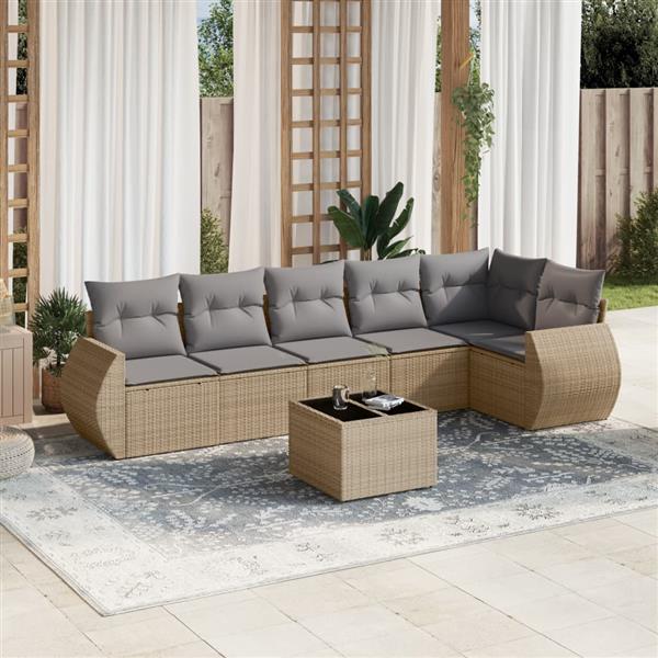 Grote foto vidaxl 7 delige loungeset met kussens poly rattan beige tuin en terras tuinmeubelen