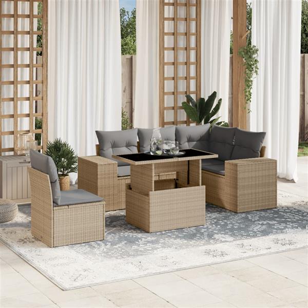 Grote foto vidaxl 6 delige loungeset met kussens poly rattan beige tuin en terras tuinmeubelen