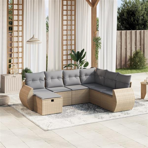 Grote foto vidaxl 7 delige loungeset met kussens poly rattan gemengd beige tuin en terras tuinmeubelen