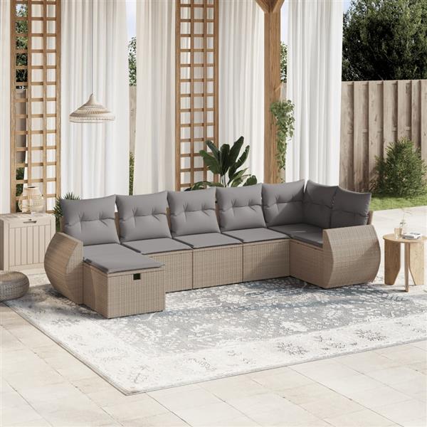 Grote foto vidaxl 7 delige loungeset met kussens poly rattan gemengd beige tuin en terras tuinmeubelen