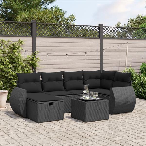 Grote foto vidaxl 7 delige loungeset met kussens poly rattan zwart tuin en terras tuinmeubelen