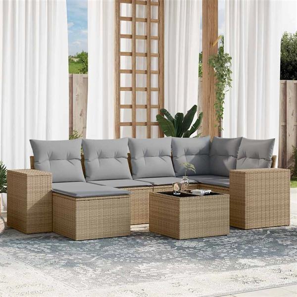 Grote foto vidaxl 7 delige loungeset met kussens poly rattan beige tuin en terras tuinmeubelen
