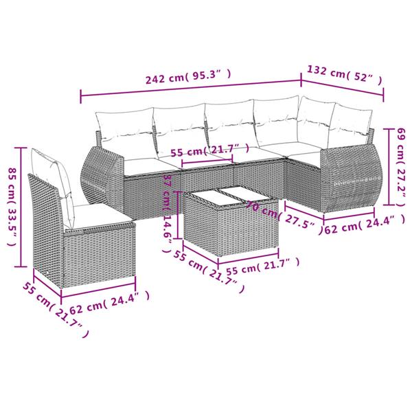 Grote foto vidaxl 7 delige loungeset met kussens poly rattan beige tuin en terras tuinmeubelen