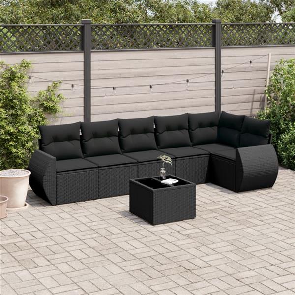 Grote foto vidaxl 7 delige loungeset met kussens poly rattan zwart tuin en terras tuinmeubelen