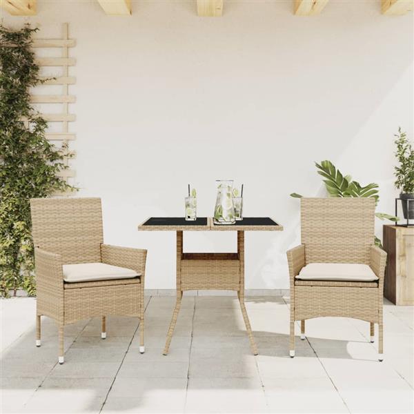 Grote foto vidaxl 3 delige tuinset met kussens poly rattan en glas beige tuin en terras tuinmeubelen