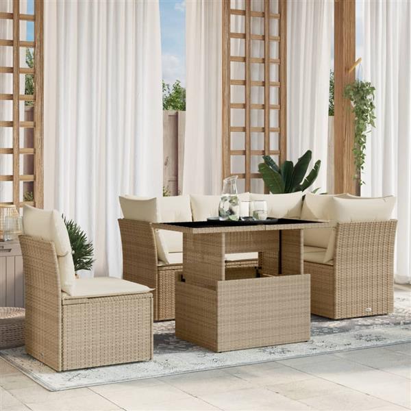 Grote foto vidaxl 6 delige loungeset met kussens poly rattan beige tuin en terras tuinmeubelen