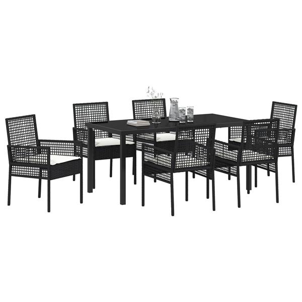Grote foto vidaxl tuin eetset met kussen 7 pcs zwart poly riet tuin en terras tuinmeubelen