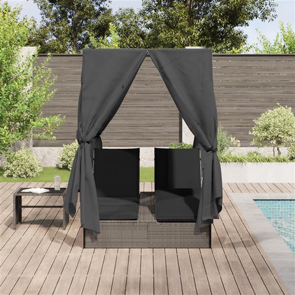 Grote foto vidaxl dubbele zonnebed met dak grijs 205 x 129 x 200 cm pe riet tuin en terras tuinmeubelen