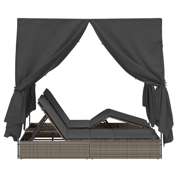 Grote foto vidaxl dubbele zonnebed met dak grijs 205 x 129 x 200 cm pe riet tuin en terras tuinmeubelen