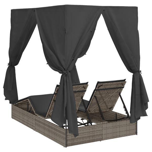 Grote foto vidaxl dubbele zonnebed met dak grijs 205 x 129 x 200 cm pe riet tuin en terras tuinmeubelen