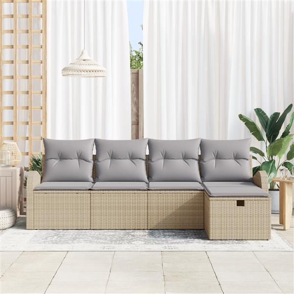 Grote foto vidaxl tuin sofa set met kussen met opslag 5 pcs beige poly riet tuin en terras tuinmeubelen