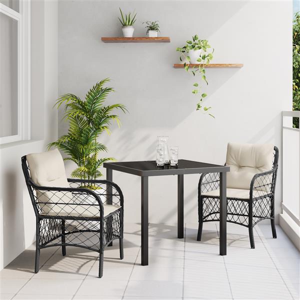 Grote foto vidaxl tuin eetset met kussen 3 pcs zwart poly riet tuin en terras tuinmeubelen