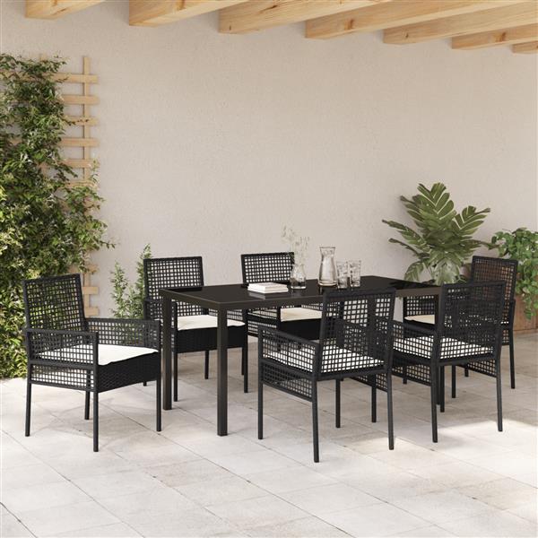 Grote foto vidaxl tuin eetset met kussen 7 pcs zwart poly riet tuin en terras tuinmeubelen