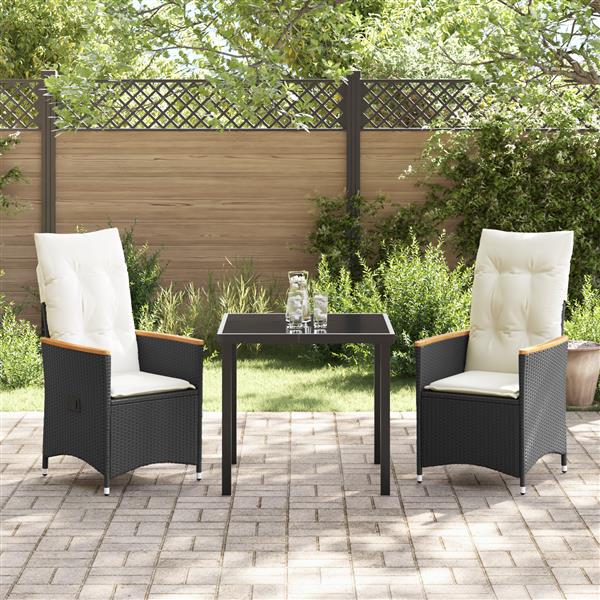 Grote foto vidaxl tuin eetset met kussen 3 pcs zwart poly riet tuin en terras tuinmeubelen