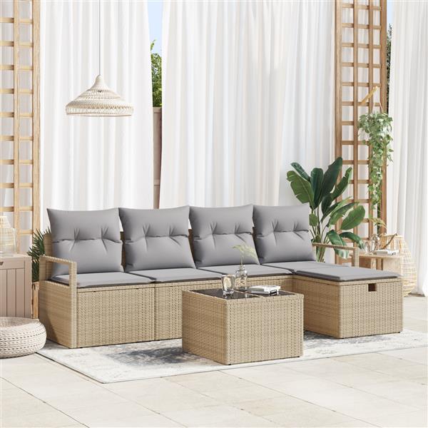 Grote foto vidaxl tuin sofa set met kussen met opslag 6 pcs beige poly riet tuin en terras tuinmeubelen