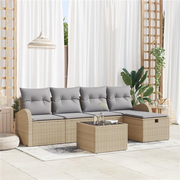 Grote foto vidaxl tuin sofa set met kussen met opslag 6 pcs beige poly riet tuin en terras tuinmeubelen