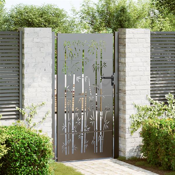 Grote foto vidaxl tuinpoort tuinpoort 105x75 cm cortenstaal bamboe ontwerp zwart tuin en terras hekken en schuttingen