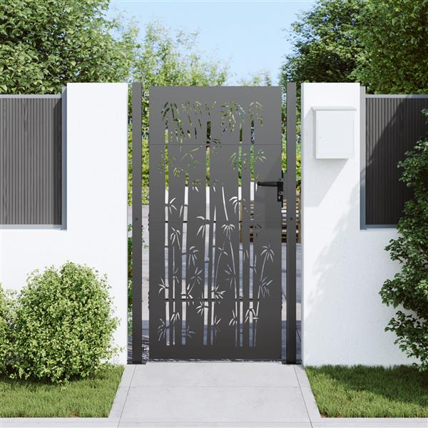 Grote foto vidaxl tuinpoort tuinpoort 105x75 cm cortenstaal bamboe ontwerp zwart tuin en terras hekken en schuttingen