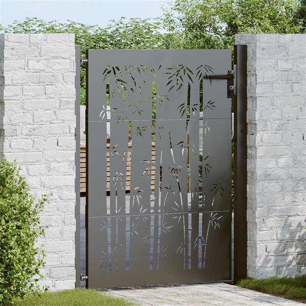 Grote foto vidaxl tuinpoort tuinpoort 105x75 cm cortenstaal bamboe ontwerp zwart tuin en terras hekken en schuttingen