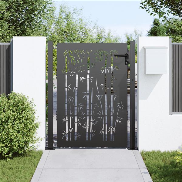 Grote foto vidaxl tuinpoort tuinpoort 105x75 cm cortenstaal bamboe ontwerp zwart tuin en terras hekken en schuttingen