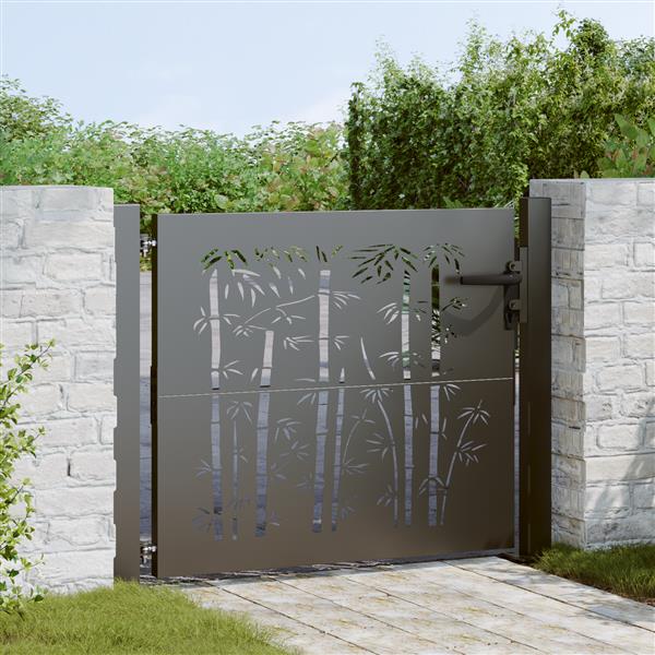 Grote foto vidaxl tuinpoort tuinpoort 105x75 cm cortenstaal bamboe ontwerp zwart tuin en terras hekken en schuttingen