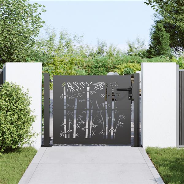 Grote foto vidaxl tuinpoort tuinpoort 105x75 cm cortenstaal bamboe ontwerp zwart tuin en terras hekken en schuttingen