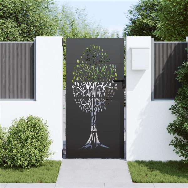 Grote foto vidaxl tuinpoort tuinpoort 85x75 cm corten staal boomontwerp zwart tuin en terras hekken en schuttingen