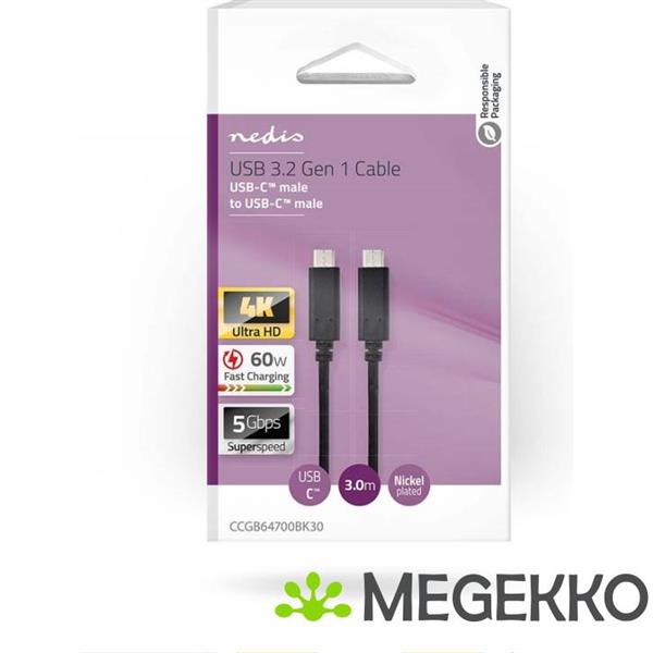 Grote foto nedis usb kabel usb 3.2 gen 1 usb c male male 60 w 4k 60hz 5 gbps computers en software overige computers en software