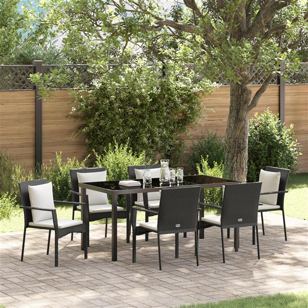Grote foto vidaxl tuin eetset met kussen 7 pcs zwart poly riet tuin en terras tuinmeubelen
