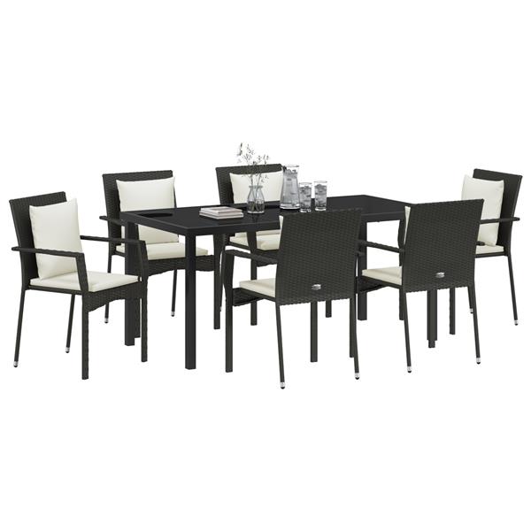 Grote foto vidaxl tuin eetset met kussen 7 pcs zwart poly riet tuin en terras tuinmeubelen