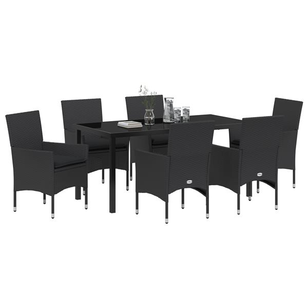 Grote foto vidaxl tuin eetset met kussen 7 pcs zwart poly riet tuin en terras tuinmeubelen