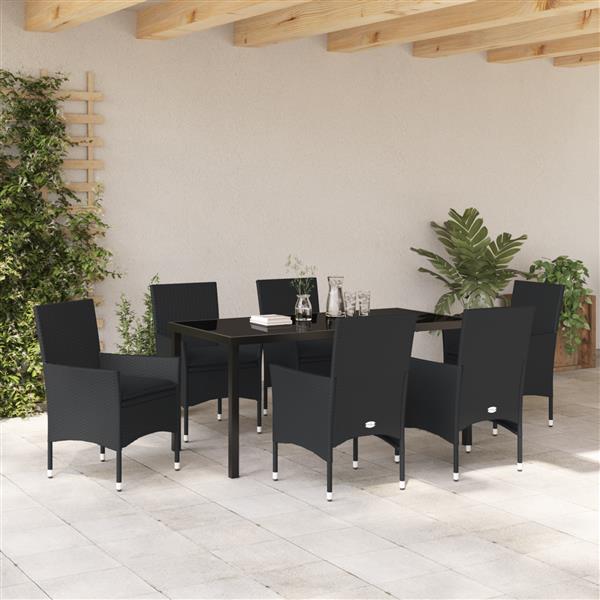 Grote foto vidaxl tuin eetset met kussen 7 pcs zwart poly riet tuin en terras tuinmeubelen
