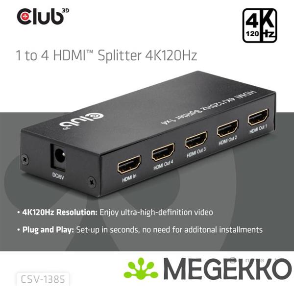 Grote foto club3d 1 to 4 hdmitm splitter 4k120hz computers en software videokaarten