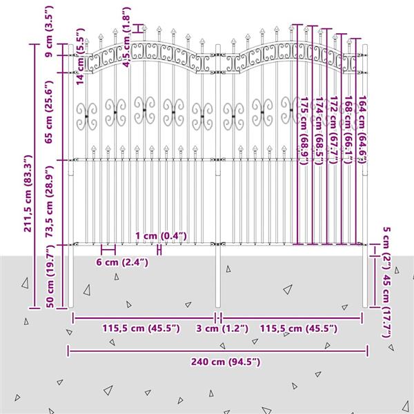 Grote foto vidaxl tuin hek grijs 215 cm poedergecoat staal tuin en terras hekken en schuttingen