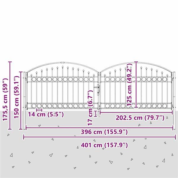 Grote foto vidaxl hekpoort met slot grijs 400 x 125 cm staal tuin en terras hekken en schuttingen