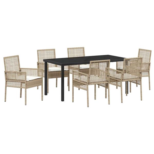 Grote foto vidaxl tuin eetset met kussen 7 pcs beige poly riet tuin en terras tuinmeubelen